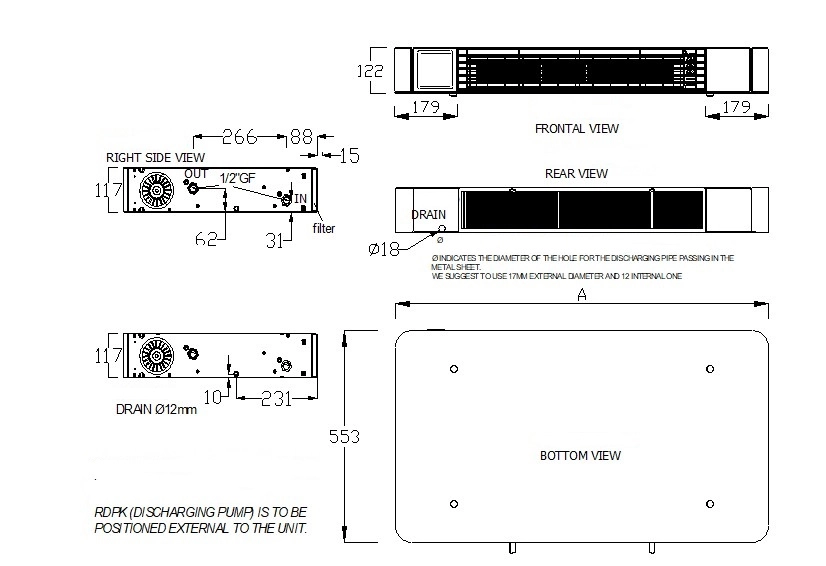 Dimensions of MyCond Silver Glass series floor-standing fan coil unit.