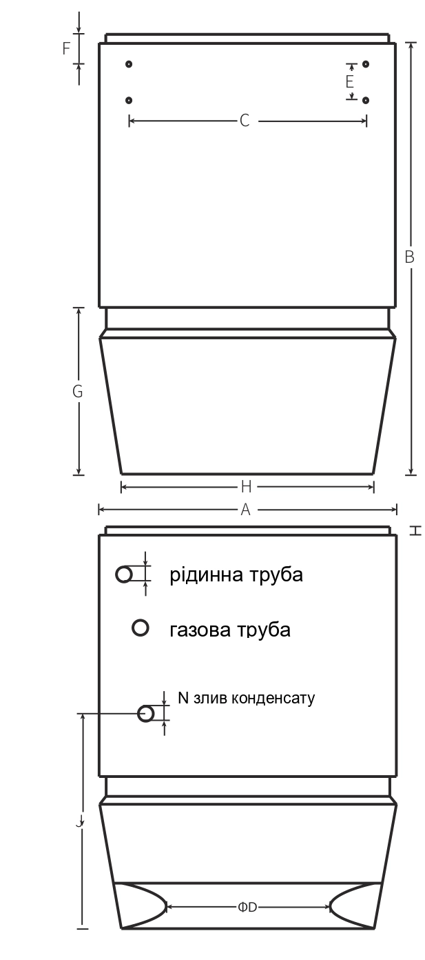 Креслення габаритних розмірів агрегатів Mycond OXA-530N та OXA-670N