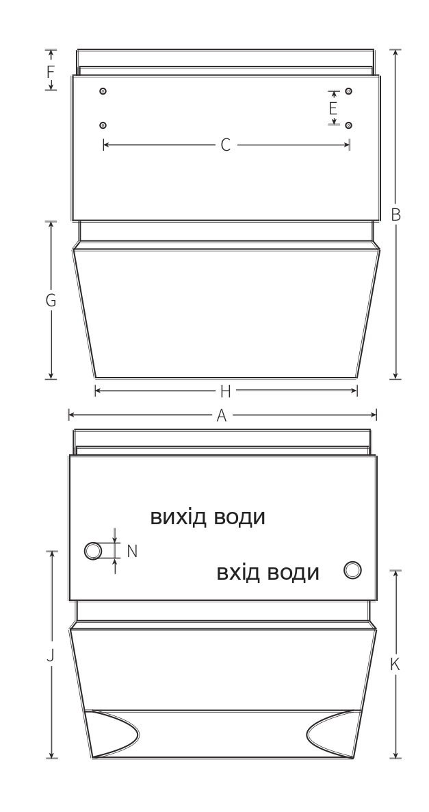 Креслення габаритних розмірів агрегата Mycond OXA-D із позначеннями A–N