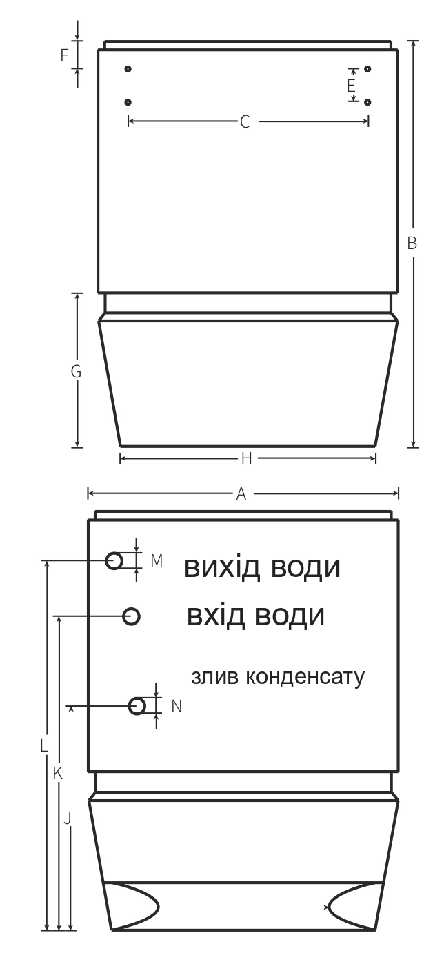 Креслення габаритних розмірів агрегата Mycond OXA-K із позначеннями A&ndash;N