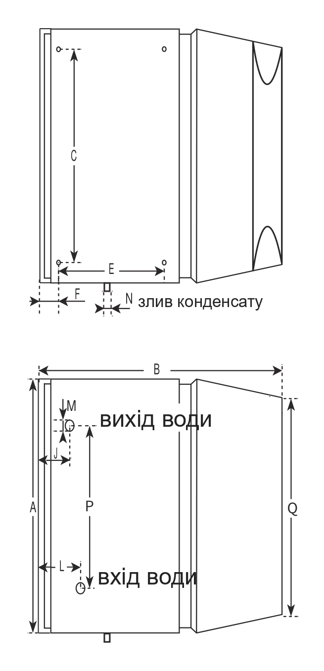 Креслення габаритних розмірів агрегата Mycond OXA-SK із позначеннями A&ndash;Q