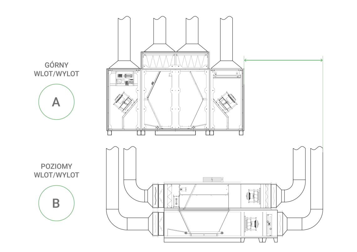 MyCond BreezMe FT technical drawing with dimensions and location of inlet/outlet openings