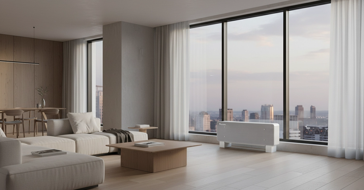 Фанкойл дизайнерський підлоговий з лаконічним корпусом від Mycond Silver Glass Low