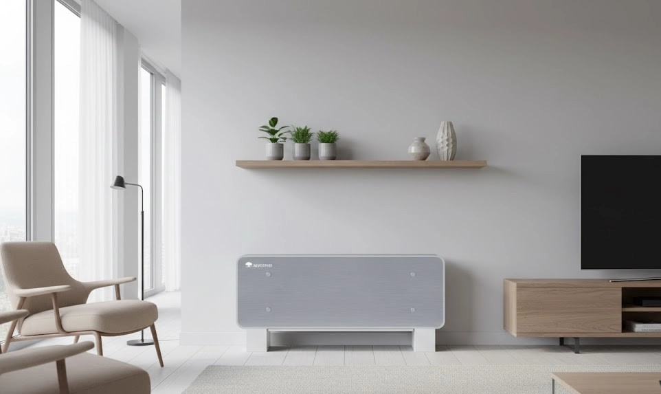 Фанкойл дизайнерський підлоговий з витонченим дизайном від Mycond Silver Glass Low